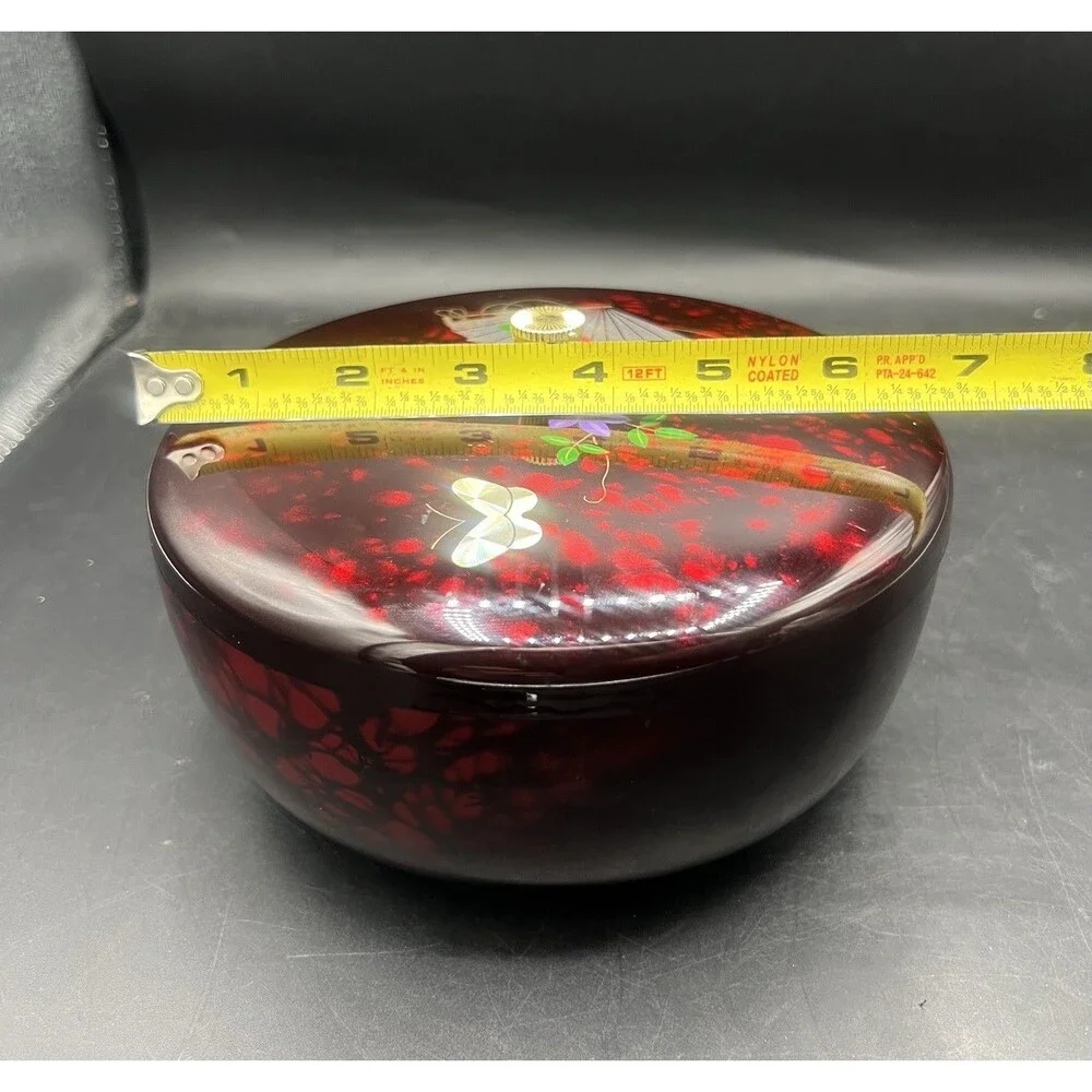 Vintage ONO Japanese Lacquer Style Jewelry Trinket Box Red Floral Fan Made Japan